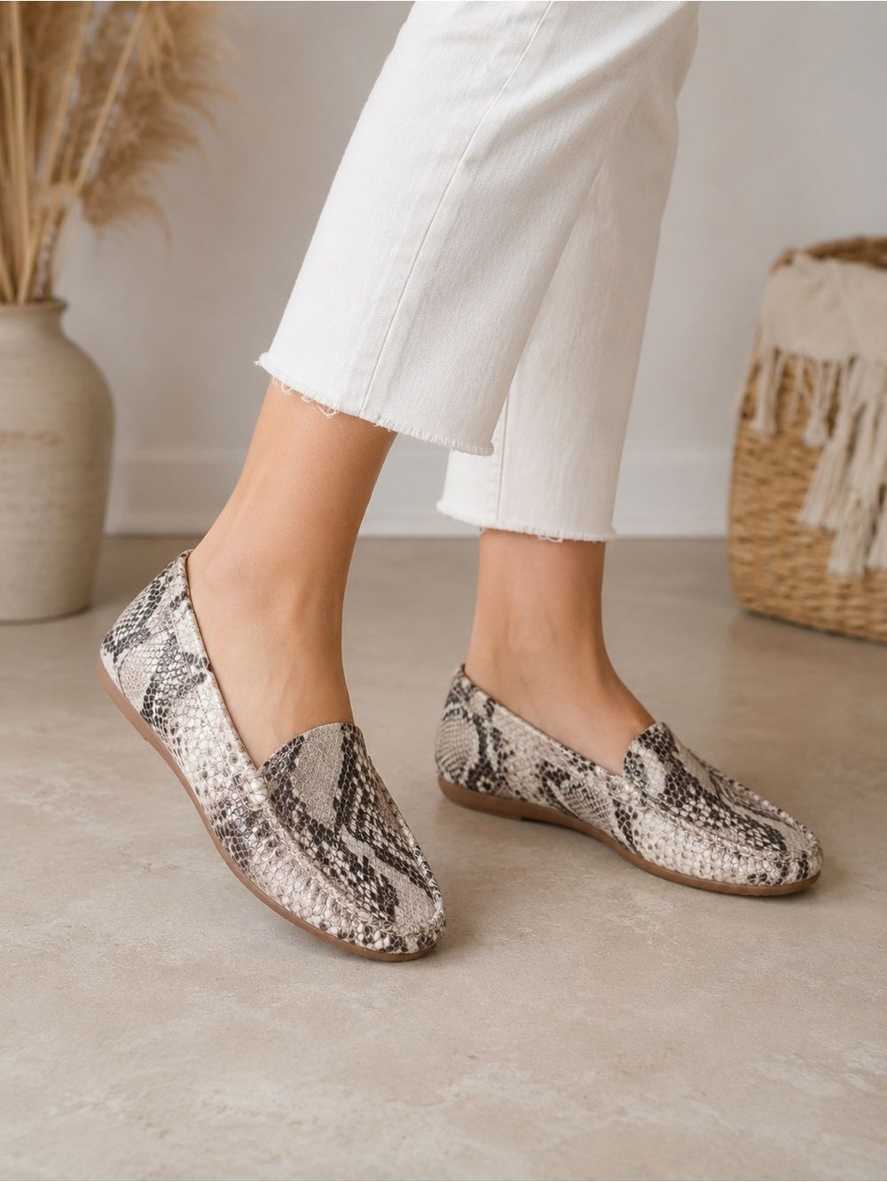 Geox Women's Snake-Print Loafers in Beige and Black